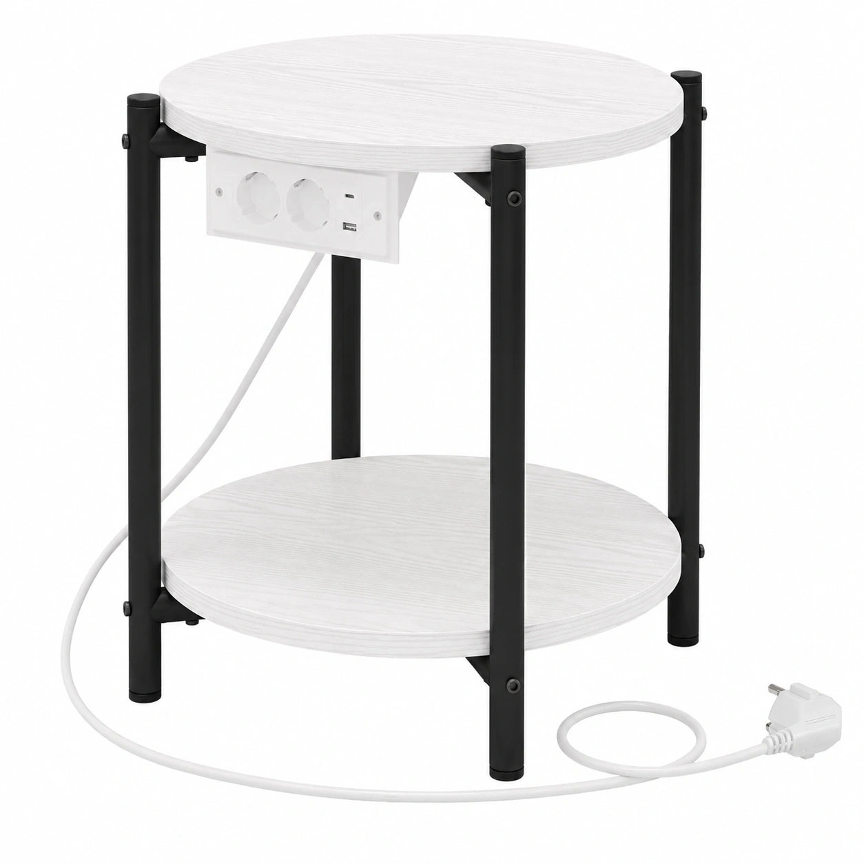 2er Set Runde Nachttische mit Steckdose und USB-C, Holz-Metall Beistelltisch, Weiß