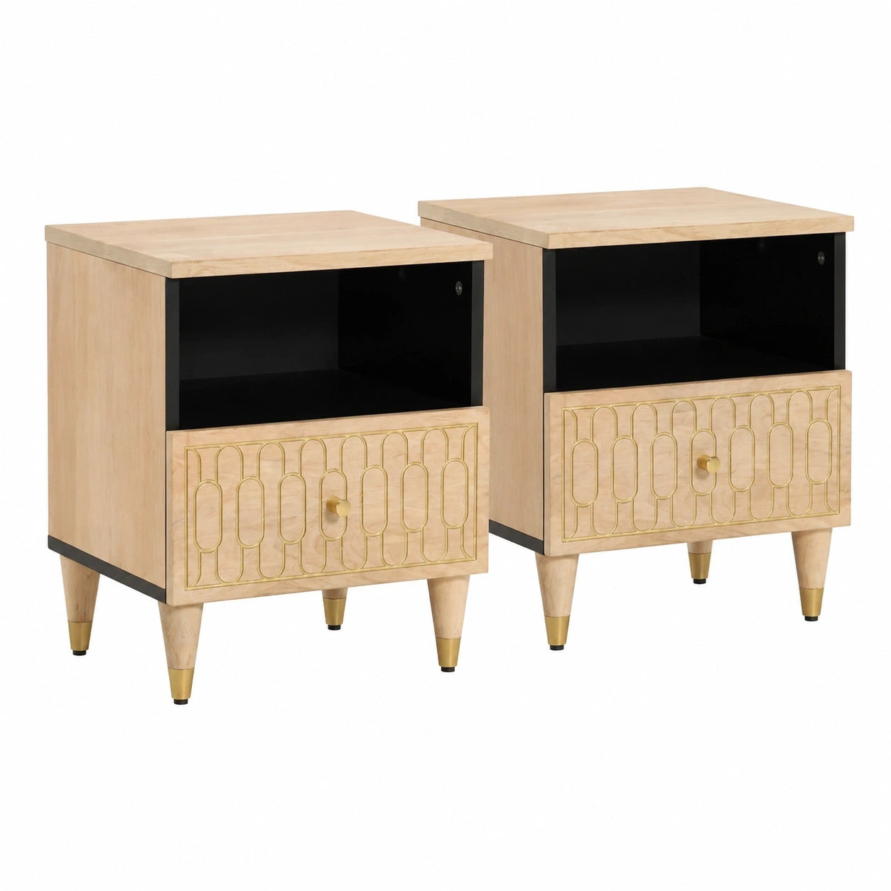 Massivholz-Nachttisch mit Schublade und Fach, handgeschnitztes Design, Holzbeine, viel Stauraum