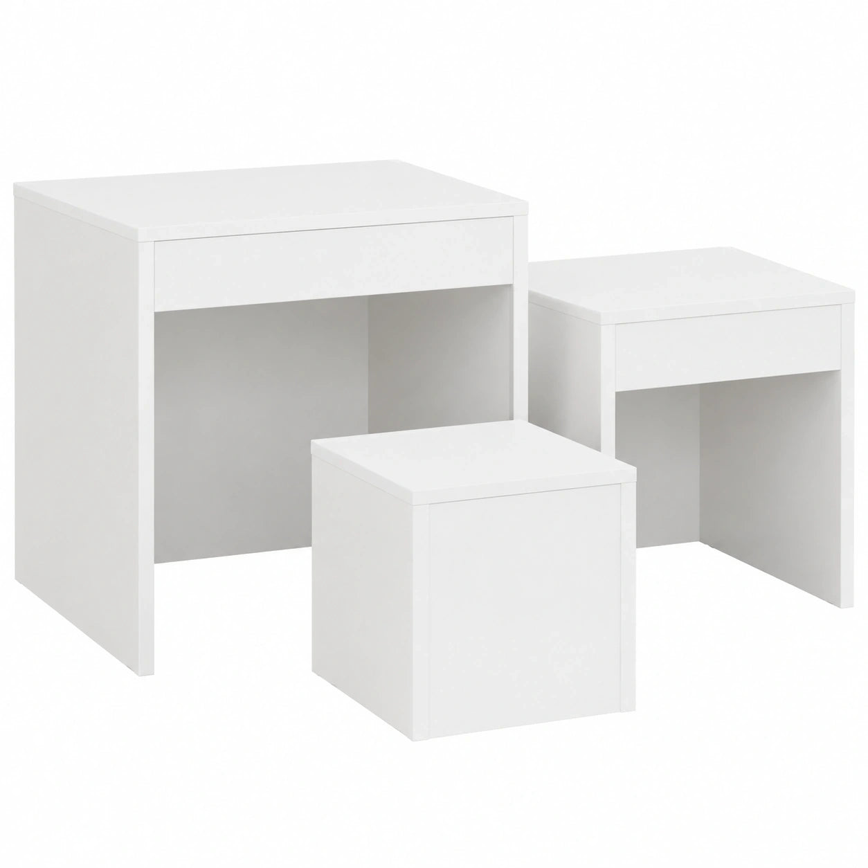 Modernes 3-teiliges Beistelltischset aus Holz, Weiß, Stapelbar und Platzsparend