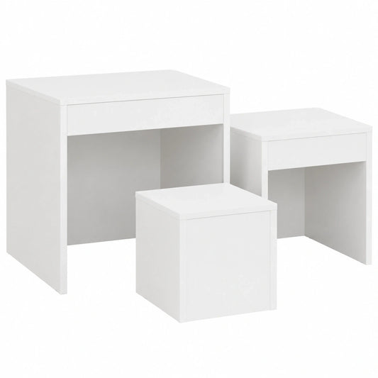 Modernes 3-teiliges Beistelltischset aus Holz, Weiß, Stapelbar und Platzsparend