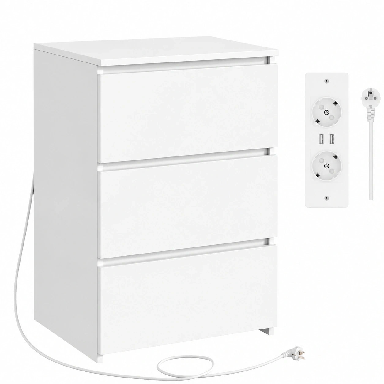 Moderner Nachttisch mit Steckdose und USB, 3 Schubladen, 45x38x66 cm, Weiß