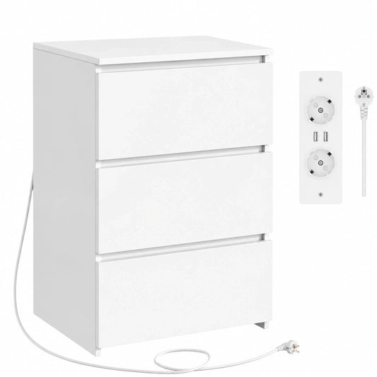 Moderner Nachttisch mit Steckdose und USB, 3 Schubladen, 45x38x66 cm, Weiß