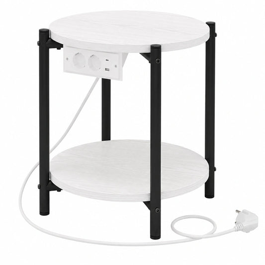 2er Set Runde Nachttische mit Steckdose und USB-C, Holz-Metall Beistelltisch, Weiß