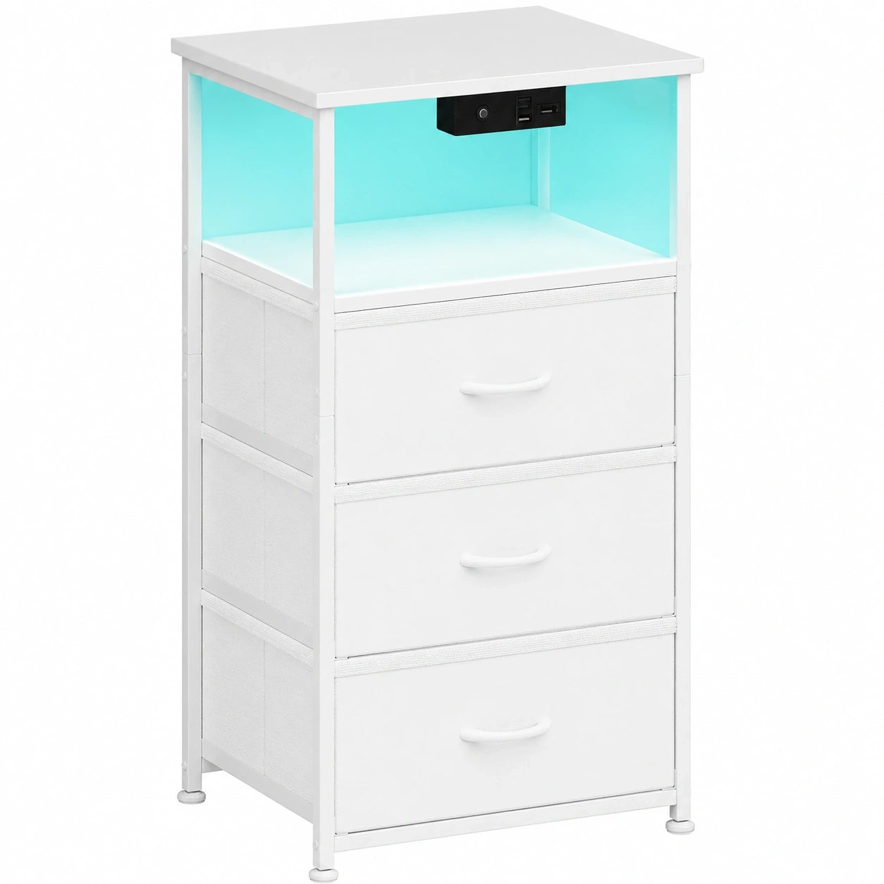 Coleshome Nachttisch mit LED, USB und Steckdose, Kompakt Weiß, 3 Schubladen, für Schlafzimmer, 40x30x70cm
