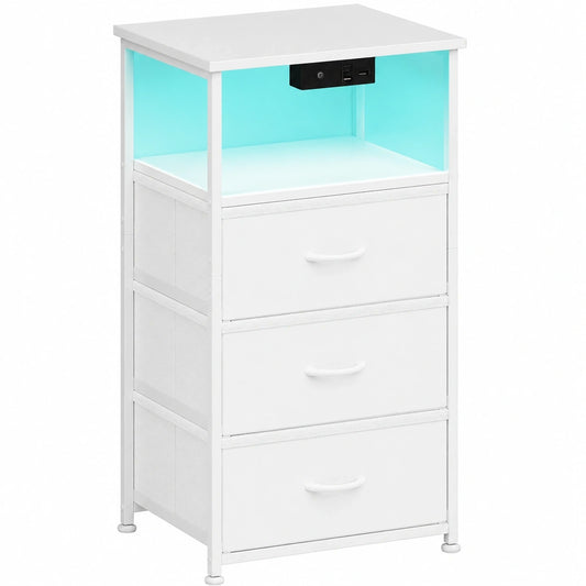 Coleshome Nachttisch mit LED, USB und Steckdose, Kompakt Weiß, 3 Schubladen, für Schlafzimmer, 40x30x70cm