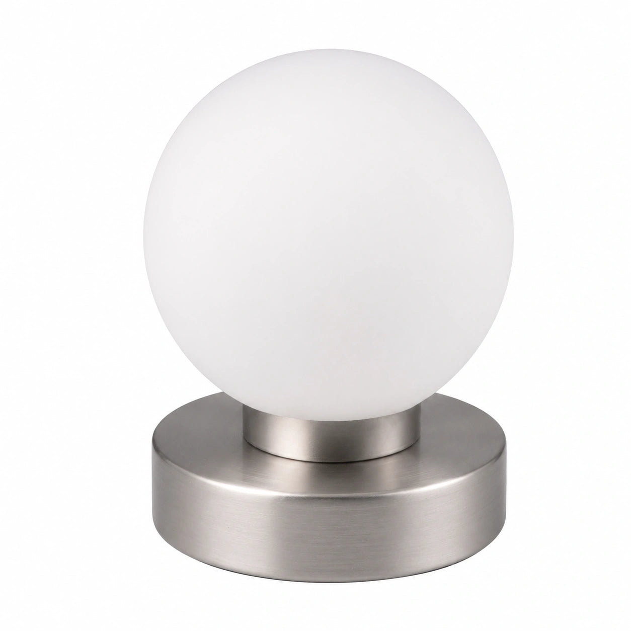 Moderne Tischlampe Prinz II mit Touch-Funktion, mattes Nickel und weißes Glas, geeignet für E14 Leuchtmittel