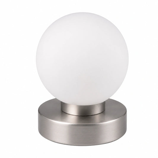 Moderne Tischlampe Prinz II mit Touch-Funktion, mattes Nickel und weißes Glas, geeignet für E14 Leuchtmittel