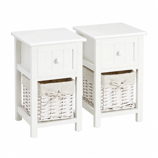 CARO-Möbel 2er Set Nachttisch Messina in Weiß - Beistelltisch mit Schublade und Korb, Landhausstil, aus Paulownia-Holz