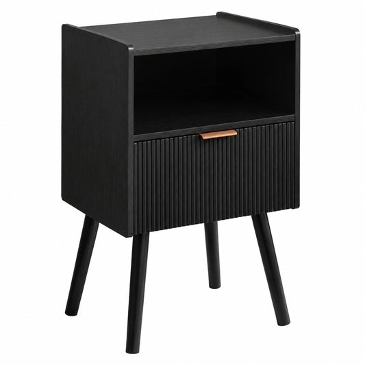 Eleganter Nachttisch im Mid-Century-Stil mit Schublade, Schwarzer Beistelltisch mit Holzbeinen