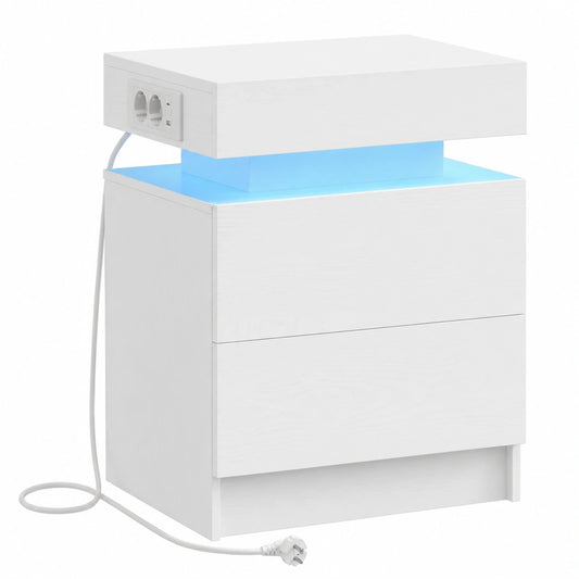 Moderner IRONCK Nachttisch mit LED, USB und Typ-C, Weiß, 2 Schubladen, 35 x 48 x 60 cm