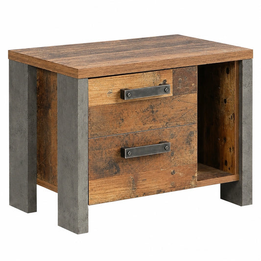 FORTE Clif Nachttisch mit 2 Schubladen, Vintage Holzoptik & Betonlook, Dunkelgrau, 62x41,5x41,6 cm