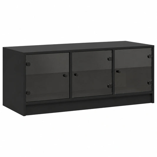 Zeitgenössischer Couchtisch mit Glastüren und viel Stauraum für das Wohnzimmer, feuchtigkeitsresistente Oberfläche, perfektes Dekorationsmöbel