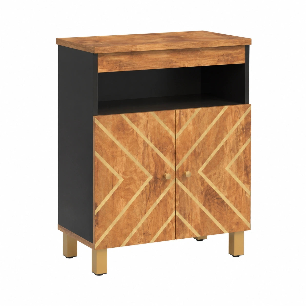 Schwarzer Mangoholz-Beistellschrank mit braunem Griff und großem Stauraum, 60 x 33,5 x 75 cm