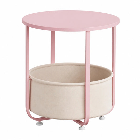 Runder WOLTU Couchtisch mit abnehmbarem Stoffkorb, Metallrahmen, für Wohnzimmer und Schlafzimmer, in Rosa und Beige